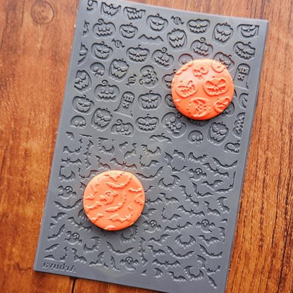 Halloween Polymer Clay Texture Mat - Pumpkin Bats Ghost Texture Sheets for Polymer Clay Earring Charm Jewelry Making, DIY Craft Supplies - style: Sooky Pumkin