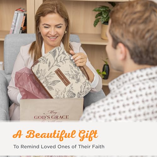 Christian Art Gifts Women's Premium Natural Canvas Vegan Leather Fashion Bible Cover: Amazing Grace - Inspirational Scripture, Sturdy Protective Book Carry Case Accessory, Creamy Brown Floral, Large - size: Large