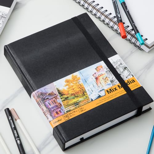 Ohuhu Mix Media Pad, 10" x 7" Mixed Media Art Sketchbook, 120 LB/200 GSM Heavyweight Papers, 78 Sheets/156 Pages, PU Hardcover Mixed Media Paper Pad for Acrylic, Painting Christmas Gift - size: 10" x 7"