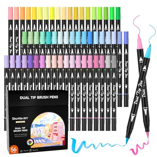Shuttle Art Pastel Brush Pens, 56 Pastel Colouring Pens, Dual Tip Brush Markers with Fineliner Tip, Drawing Felt Tip Pens for Adults Colouring Books, Painting Sketching Calligraphy and Journaling - color: Pastel color