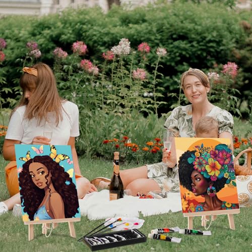 Cholemy 36 Pcs Paint and Sip Kit for Adults 8''x10'' Pre Drawn Canvas for Painting DIY Afro Acrylic Painting Kit Wood Easel Brushes Date Night Bulk for Summer 4th of July Party Gift(Flowers Woman) - style: Flowers Woman
