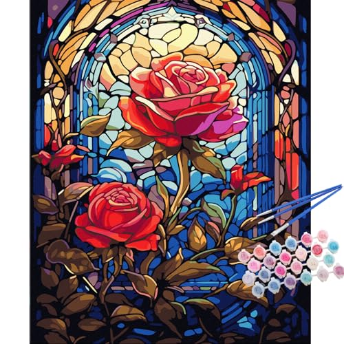 TOCARE Stained Glass Paint by Numbers kit for Adults Beginner Red Rose Paint by Number Canvas, Simple Oil Painting Paint by Numbers for Adults Flowers 16x20inch - color: Stained Glass Rose