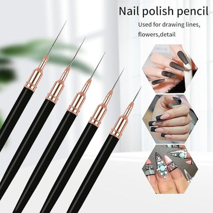 5PCS Liner Brushes for Nails, Nail Art Liner Brushes Set, 6/9/12/15/18mm Thin Detail Brush for Long Lines & Fine Drawing, UV Gel Polish Painting Nail Design Tools- Black - color: Black