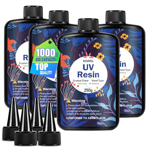 KISREL UV Resin 1000g，4 x 250g UV Resin Kit, Hard Type Crystal Clear Ultraviolet Curing UV Epoxy Resin for Craft Jewelry Making - size: 1000 g