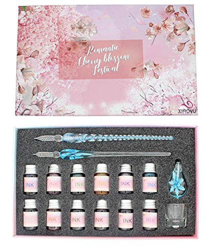 XIAOYU Glass Dip Pen Ink Set, 16 Pieces Calligraphy Pens Set - 12 Colorful Inks, Pen Holder, Cleaning Cup, 2 Crystal Glass Pens for Writing, Signature - Light Blue - color: Light Blue