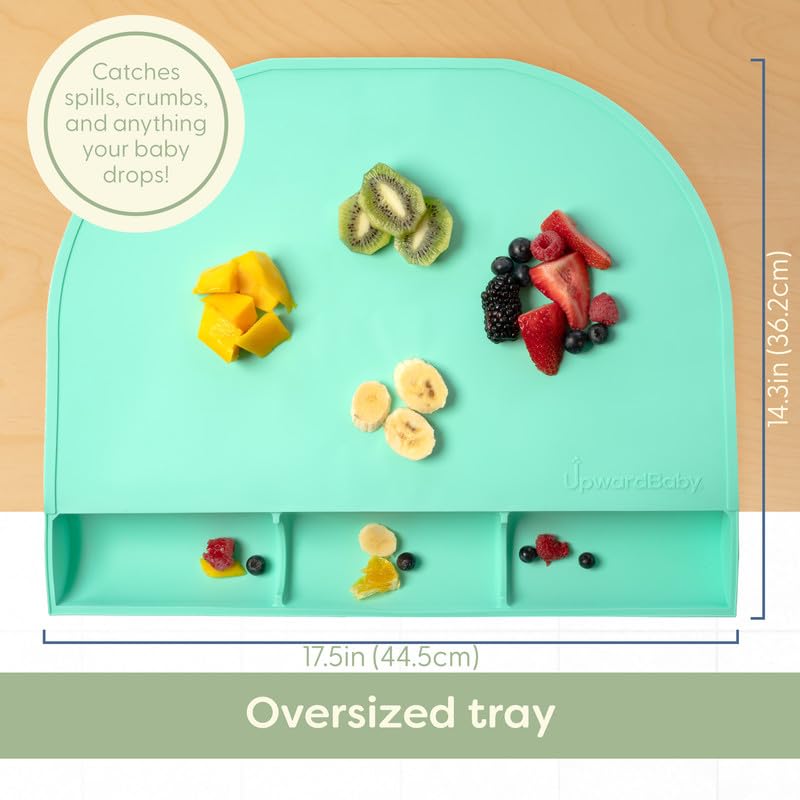 UpwardBaby Rectangular Silicone Placemat - Suction Food Catcher for High Chair & Kids, Non-Slip Washable Table Mats, Travel Toddler Placemat & Baby-Led Weaning Supplies, Mint - style: Food-Catching - Mint