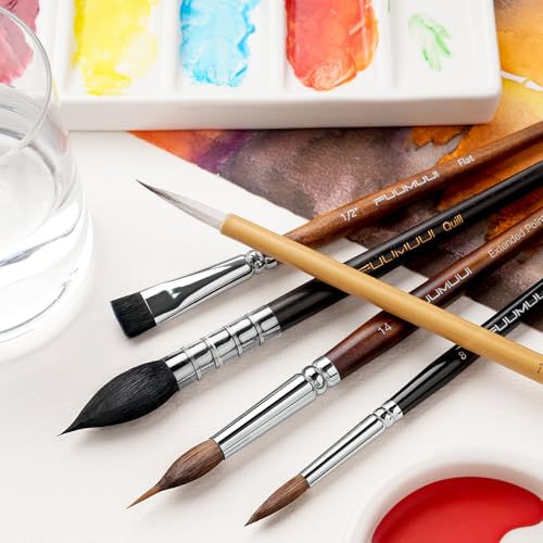 Watercolor Paint Brushes, 5pcs Fuumuui Professional Sable Brush, Wool & Synthetic Squirrel Brushes Set with Extended Needle, Round Point, Flat, Quill Wash Perfect for Watercolor Acrylic Gouache Inks - color: Mix5