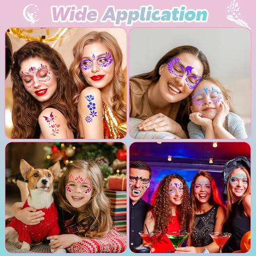 Face Paint Stencils, Includes 50 Reusable Face Painting Stencils, 8 Sheets Tattoo Templates Stickers for Halloween Festival DIY Body Art Makeup Party Temporary Tattoo (58PCS)