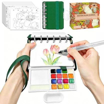 Travel Watercolor Set, 16 Colors Standard (8 Matte & 8 Shimmer), Mini Paint Kit with 30-Sheet 300G Cotton Sketchbook, Detachable Palette, Water Cup & Water Brush, Green - color: Green