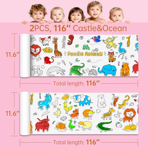 Animal Coloring Paper Roll for Kids, 2 Pack 116"x11.6" Giant Drawing Paper Roll with Lions Elephants & Safari Animals, Reusable Art Paper for Toddlers Ages 3-8, Birthday Gift & Party Tablecloth - color: C2