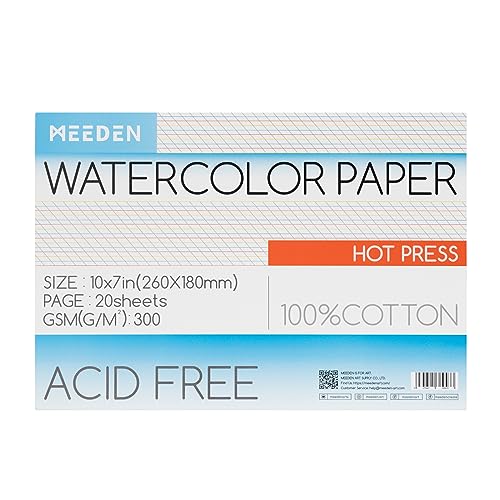 MEEDEN Watercolor Paper Block, 100% Cotton Watercolor Paper Pad of 20 Sheets, 140lb/300gsm, Acid-Free Art Paper for Watercolor, Gouache, Ink and More, 10" x 7" Hot Press - color: Hot Press, size: 10×7"