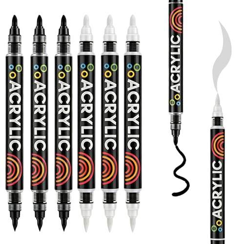 White & Black Acrylic Paint Markers, Dual Tip with Fine Tip and Brush Tip Acrylic Paint Pens for Stone, Paper, Wood, Glass, Fabric Paint, DIY Crafts (6, 3Black+3White) - color: 3Black+3White