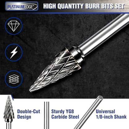 PLATINUMEDGE 20-Piece Carbide Burr Set, Double Cut Tungsten Carbide Rotary Bits with 1/8" Shank – High-Speed Metal Grinding, Carving, Polishing & Engraving for Wood, Stone, Steel, Plastic