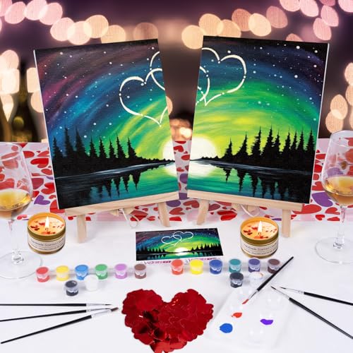 VOCHIC Sip and Paint Kit for Adult,2 Pack Pre Drawn Canvas Couple Painting Kit Date Night Couples Paint Art Set with Outline Canvas Polar Night Sky Valentine (8 x 10 Inches) - style: Polar night sky
