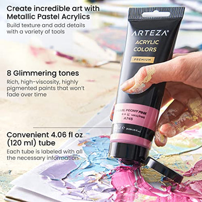 ARTEZA Pastel Acrylic Paint, Set of 8, Metallic Tones, 4.06 fl oz Tubes, High Viscosity Water-Based Paint, Glossy Finish, Art Supplies for Painting Paper, Canvas, Wood and Fabric, and DIY Projects - style: 8 x 120ml (4.06 fl oz) Pastel