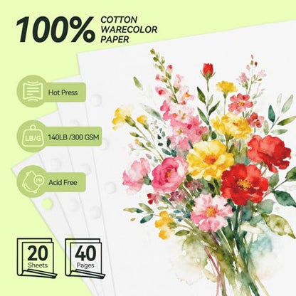 Lightwish Watercolor Sketchbook Refillable 100% Cotton, 300gsm (140lb) - 6.69" x 3.94" Hot Press Watercolor Paper Journal Notebook - 20 Sheets with PU Leather Cover for Drawing Mixed Media - color: green