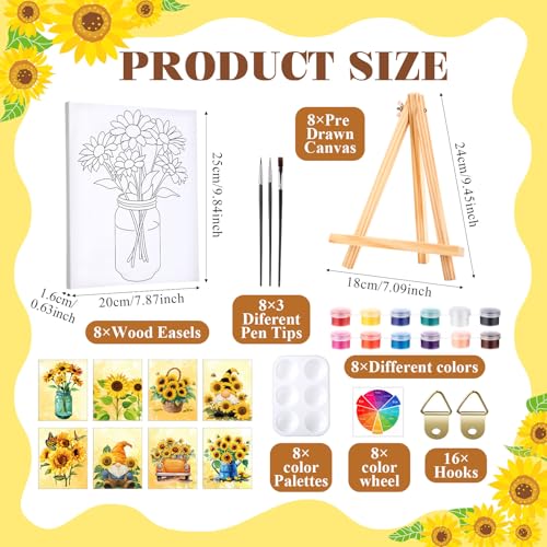 Humyoun 8 Sets 8" x 10" Sunflower Pre Drawn Canvas to Paint for Sip and Paint Party Sunflower Predrawn Coloring Set Pre Sketched Canvas Boards with Paints and Brushes for Adult - style: Sunflower