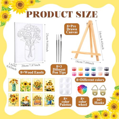 Humyoun 8 Sets 8" x 10" Sunflower Pre Drawn Canvas to Paint for Sip and Paint Party Sunflower Predrawn Coloring Set Pre Sketched Canvas Boards with Paints and Brushes for Adult - style: Sunflower