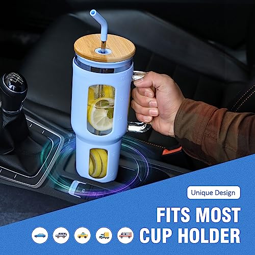 WINSA Glass Tumbler with Lid and Straw, 46 oz Iced Coffee Cup with Handle, Large Water Bottles with Silicone Sleeve, Glass Cup with Straws - Pearl Straw & Drinking Straw BPA Free-Glacier - color: Glacier, size: 46 Ounces