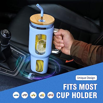 WINSA Glass Tumbler with Lid and Straw, 46 oz Iced Coffee Cup with Handle, Large Water Bottles with Silicone Sleeve, Glass Cup with Straws - Pearl Straw & Drinking Straw BPA Free-Glacier - color: Glacier, size: 46 Ounces