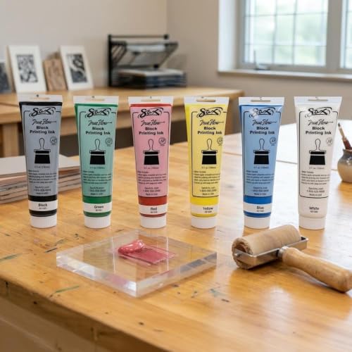 Sax Block Printing Inks for School and Arts and Crafts Use, Fluorescent Colors, 5 Ounce Tubes, Set of 6