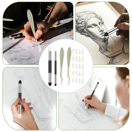 24pcs Oil Pastel Blending Tools, Artist Blending Sponge Pen and Stump Dual Headed Stumps Sketch Trimmer Erase Sponge Wipe Brush with 20 Rubbing Head Pencil Sketch for Highlighting Shading