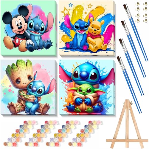 Fuinkqe 4 Ps Paint by Numbers for Kids with Framed Canvas,Cartoon Paint by Numbers for Kids Ages 8-12 with Wooden Easel,Easy Acrylic Painting Kits for Home Wall Decor 8X8 Inch - color: BKH1639-BKH1642