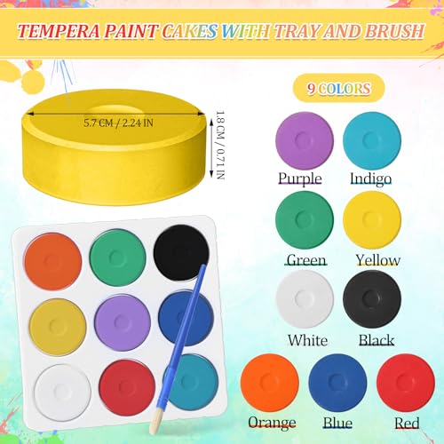 Nuanchu 36 Pcs Tempera Paint Cakes with Tray 9 Colors 2.24 x 0.71 Inch Giant Tempera Paint Set Painting Cakes Tray Palette with Paintbrush Paints Blocks Adults Art Supplies Crafts Drawing Artists