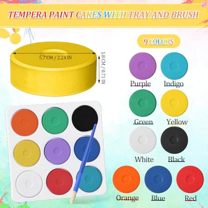 Nuanchu 36 Pcs Tempera Paint Cakes with Tray 9 Colors 2.24 x 0.71 Inch Giant Tempera Paint Set Painting Cakes Tray Palette with Paintbrush Paints Blocks Adults Art Supplies Crafts Drawing Artists