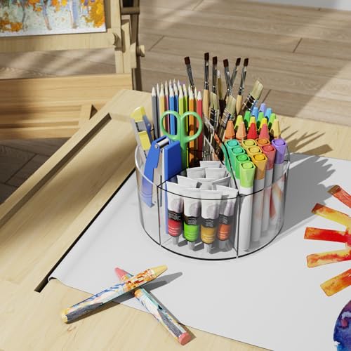 Mefirt Acrylic Pen Holder, 2 Pack 360 Rotating Organizer With 6 Compartments, Desk Office Storage for 800 Pens, Markers, Crayons and Art Supplies - style: Clear-Large 2 PACK