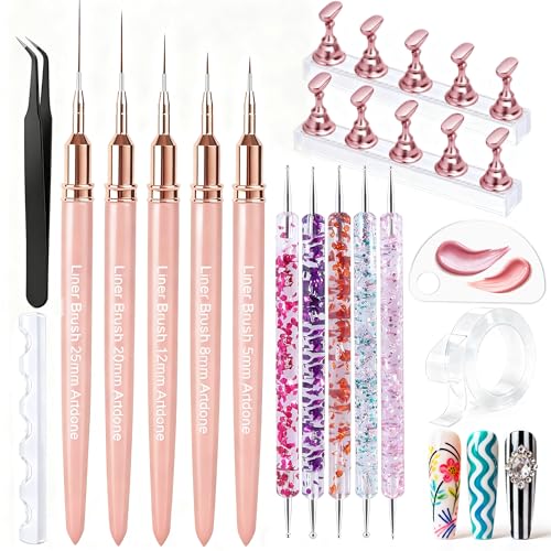 Artdone Nail Art Pens And Brushes Set With Liner Paint Dotting Tools, 11PCS Black Color Nail Tools For Long Lines, Thin Details, Fine Drawing For UV Gel Polish Design Sizes 5/8/12/20/25mm - color: Black Set with Stands