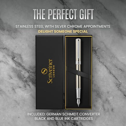 Scriveiner Stainless Steel Fountain Pen - Stunning Luxury Pen with Steel Finish, Schmidt Steel Nib (Fine), Best Pen Gift Set for Men & Women, Professional, Executive Office, Nice Designer Pens - color: 13. Stainless Steel with Chrome, style: Fine Nib