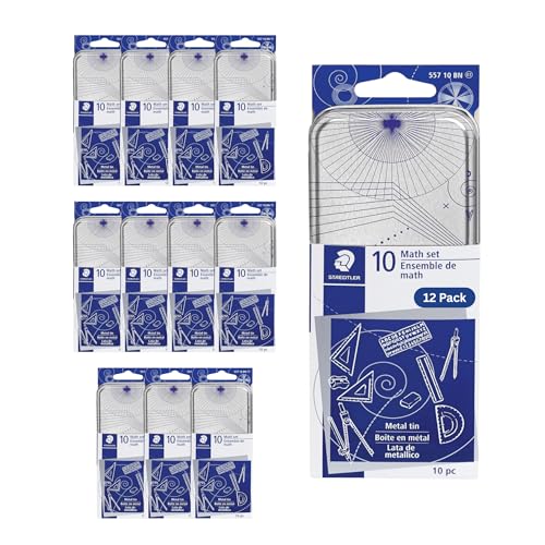 STAEDTLER 10-Piece Math Set with Metal Compass, 6" Ruler & Triangle Squares, 45° & 30/60° Set Squares, Alphabet Stencil - Measuring Tools (12 Pack)