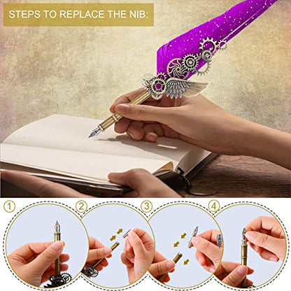 NC Quill Pen Set, Feather Pen With 5 Ink Bottles and 6 Replaceable Nibs, 1 Mechanical Quill, Calligraphy Pen for Writing, Letters, Diary, Signing, Invitation (Purple) - color: Purple