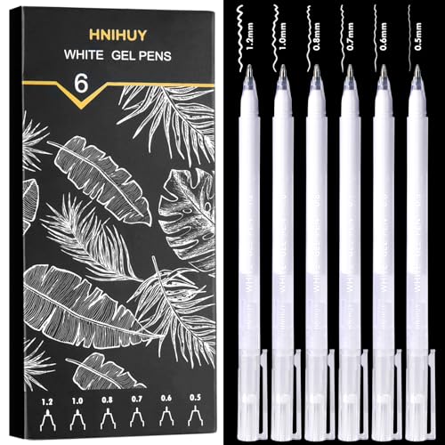 White Gel Pens, 6 Size Opaque White Ink Pens for Black Paper, Sketching, Drawing, Journaling & DIY Crafts, Ideal Drawing Pens for Artists & Art Supplies - size: 6