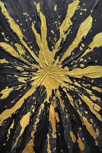 V-inspire Art Modern Abstract Canvas Wall Art, Black and Gold Starburst Design, Hand-Painted Oil Acrylic, 28x40 Inch