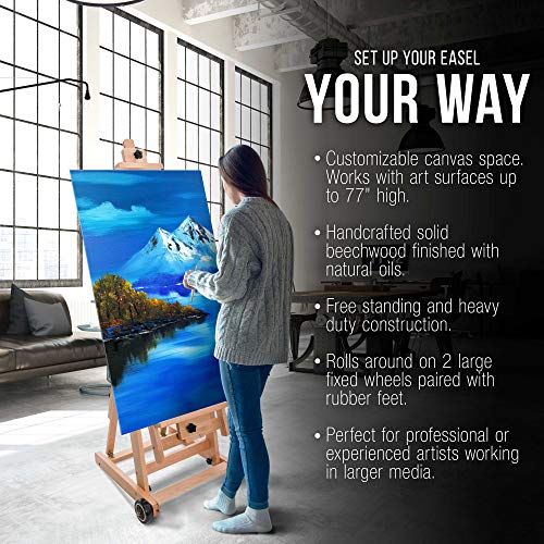 U.S. Art Supply Master Multi-Function Studio Artist Wooden Floor Easel - Large Heavy Duty Adjustable H-Frame, Tilts Flat, Mast Adjusts to 97" High - Beechwood Painting Canvas Holder Stand with Wheels