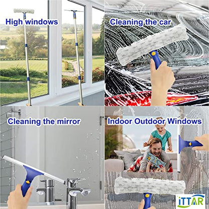 ITTAR Window Squeegee Cleaning Kit with 60" Extension Pole, Rotatable Glass Cleaner Tool 12" Rubber Blade & 2 Microfiber Pads, Window Washing Equipment for High Windows, Shower Doors, Car Windshield