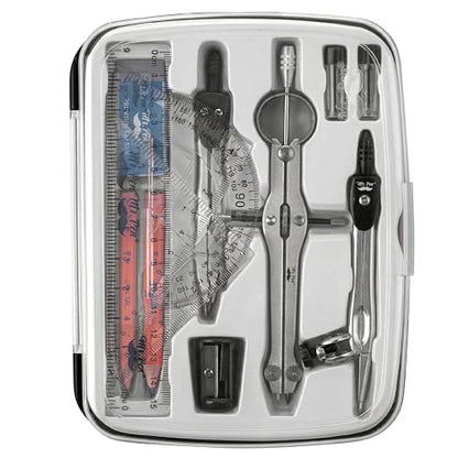 Mr. Pen- Geometry Set, 13 pcs, 3 Metal Compasses, Protractor, 6" Ruler | 45° & 30°/60° Set Squares, Pencils, Lead Refills, Sharpener & Eraser for Math, Drafting & Classroom Use | 45° & 30°/60° Set Squares, Pencils, Lead Refills, Sharpener & Eraser for Mat