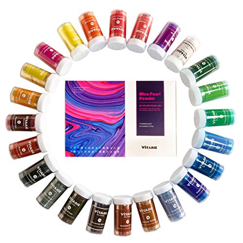 VITARIE Natural Mica Powder for Epoxy Resin, Art Crafts, Soap Making Dye, Nails, Slime Supplies, Candle Making, Pigment for Lip Gloss, 24 Colors 10g/Each Bottles, 240g Total Weight - color: 24 Color /Bottles