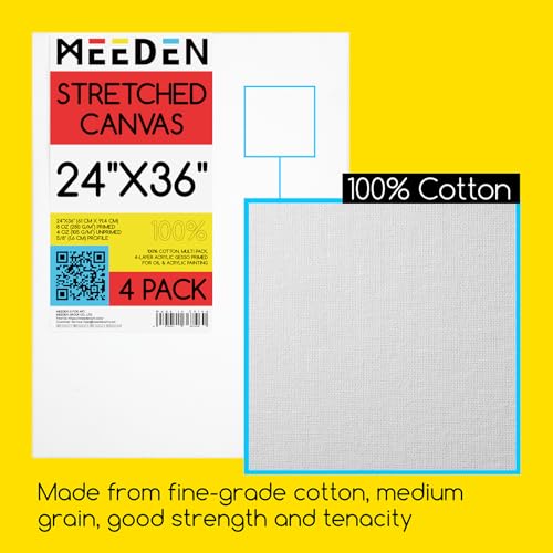MEEDEN Stretched Canvas, 24 × 36 Inch, Pack of 4, Blank White Canvases for Painting, 100% Cotton, 15 oz Gesso-Primed, Pre-Stretched Canvas for Acrylic Oil Pouring & Airbrushing Painting - size: 24''x36''- 4 Pack