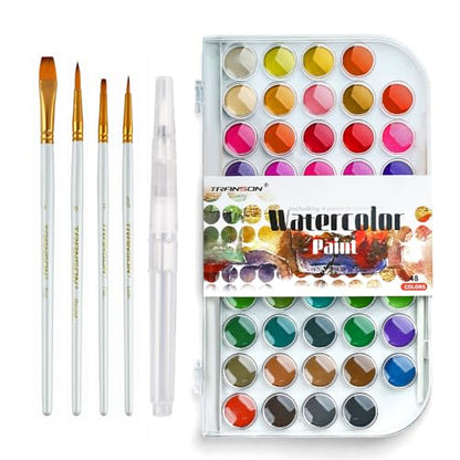 TRANSON 48 Colors Watercolor Paint Set with 4pcs Paint Brushes and 1pcs Water Brush Pen for Adults, Beginners and Artists