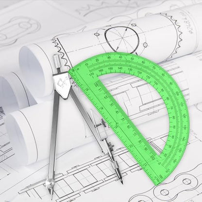 Students Geometry Math Set, Drawing Compass and 6 Inch Transparent Swing arm Protractor 180 Degree Math Protractor (Green) - color: Green
