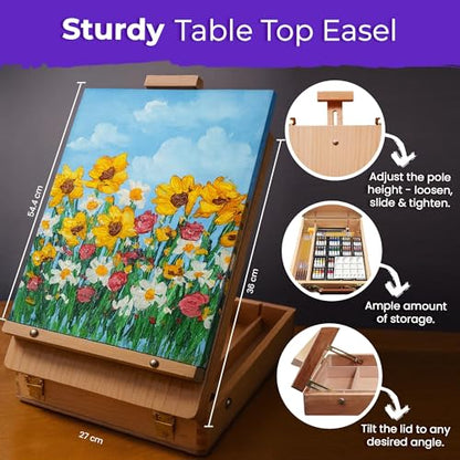 Chalkola 95 Pcs Acrylic Painting Kit for Adults | 64 Acrylic Paint Set, Wood Tabletop Easel, Canvas, Art Brushes, Palette, Knife - Professional Canvas Painting Supplies for Artists & Beginners - size: 95 Full Acrylic Set