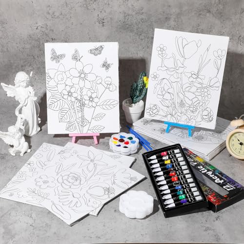 Sherr 108 Pcs 12 Set Flower Sip and Paint Kit for Adults 8''x10'' Pre Drawn Canvas to Paint DIY Acrylic Painting Kit Pre Printed Canvas for Date Night Mother's Day Party Team Building - style: Flower