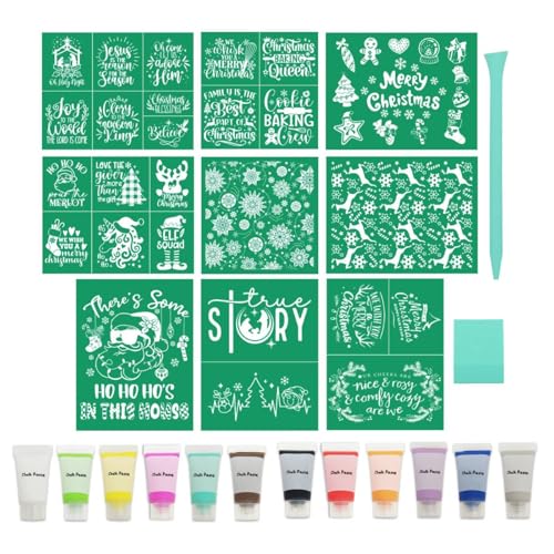 DGAGA 23PCS Christmas Silk Screen Stencils and Chalk Paste Stencils Transfers Chalk Ink Xmas Reusable Self Adhesive Silk Screen Printing Stencil for Painting on Wood,Christmas Tree Sign Home Decor - color: 23 PCS chak paste starter kit