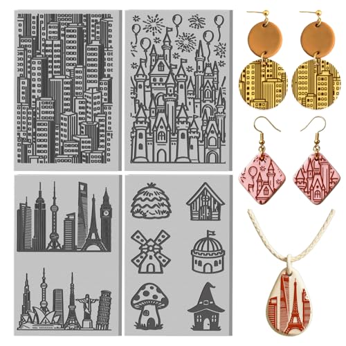 4 Sheets Urban Architecture Clay Texture Mat World Famous Buildings Polymer Clay Texture Sheets DIY Tools for Pottery Earring Jewelry Making Stamp Engraving Machines, 3.9x2.6inch - style: Urban Architecture