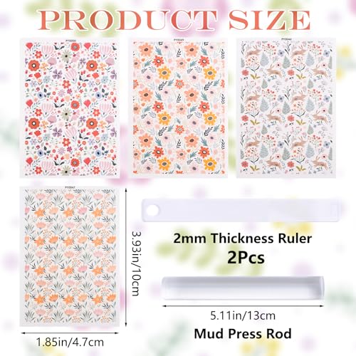 Clay Transfer Paper, 4Pcs Flower Small Fresh Themed Polymer Clay Transfer Sheets with Mud Press Rod and 2mm Thickness Ruler for DIY Craft - color: Flower