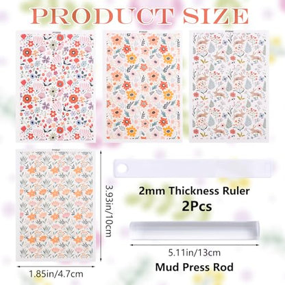 Clay Transfer Paper, 4Pcs Flower Small Fresh Themed Polymer Clay Transfer Sheets with Mud Press Rod and 2mm Thickness Ruler for DIY Craft - color: Flower