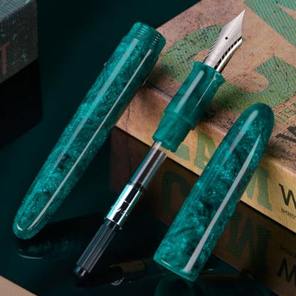 Asvine C80 Fountain Pen #8 Extra Fine Nib Large Handcraft Pen with Converter Pen Box Collection Set (Green Glitter) - color: Green Glitter, style: Extra Fine